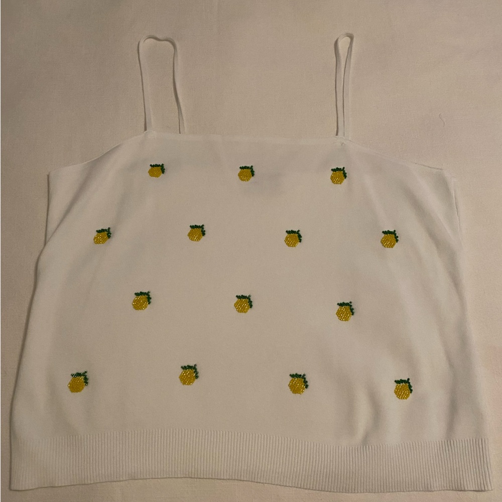 White Tank Top with Beaded Lemon Embroidery